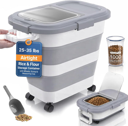 Home & Hearthly Collapsible Rice Storage Container 25–35 lbs, Airtight, Space-Saving Food Storage Bin with Wheels and Measuring Cup, Easy-Pour Grain Dispenser for Rice, Flour and Pet Food