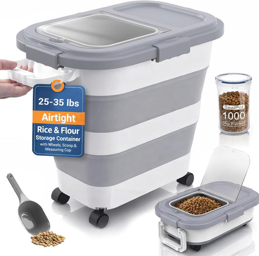 Home & Hearthly Collapsible Rice Storage Container 25–35 lbs, Airtight, Space-Saving Food Storage Bin with Wheels and Measuring Cup, Easy-Pour Grain Dispenser for Rice, Flour and Pet Food
