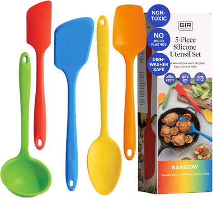 GIR 5-Piece Silicone Kitchen Utensils Set, Non-Toxic Cooking Utensils for Cooking and Baking, Heat Resistant, Food Grade, Dishwasher Safe Rubber Spatula, Ladle, Spoon - Charcoal