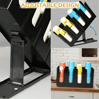 Adjustable Coffee Cup Holder Organizer – 4 Compartment Disposable Cup Dispenser with Mesh Basket for Coffee Pods, Straws, Sugar Packets – Metal Countertop Storage for Coffee Bar Accessories