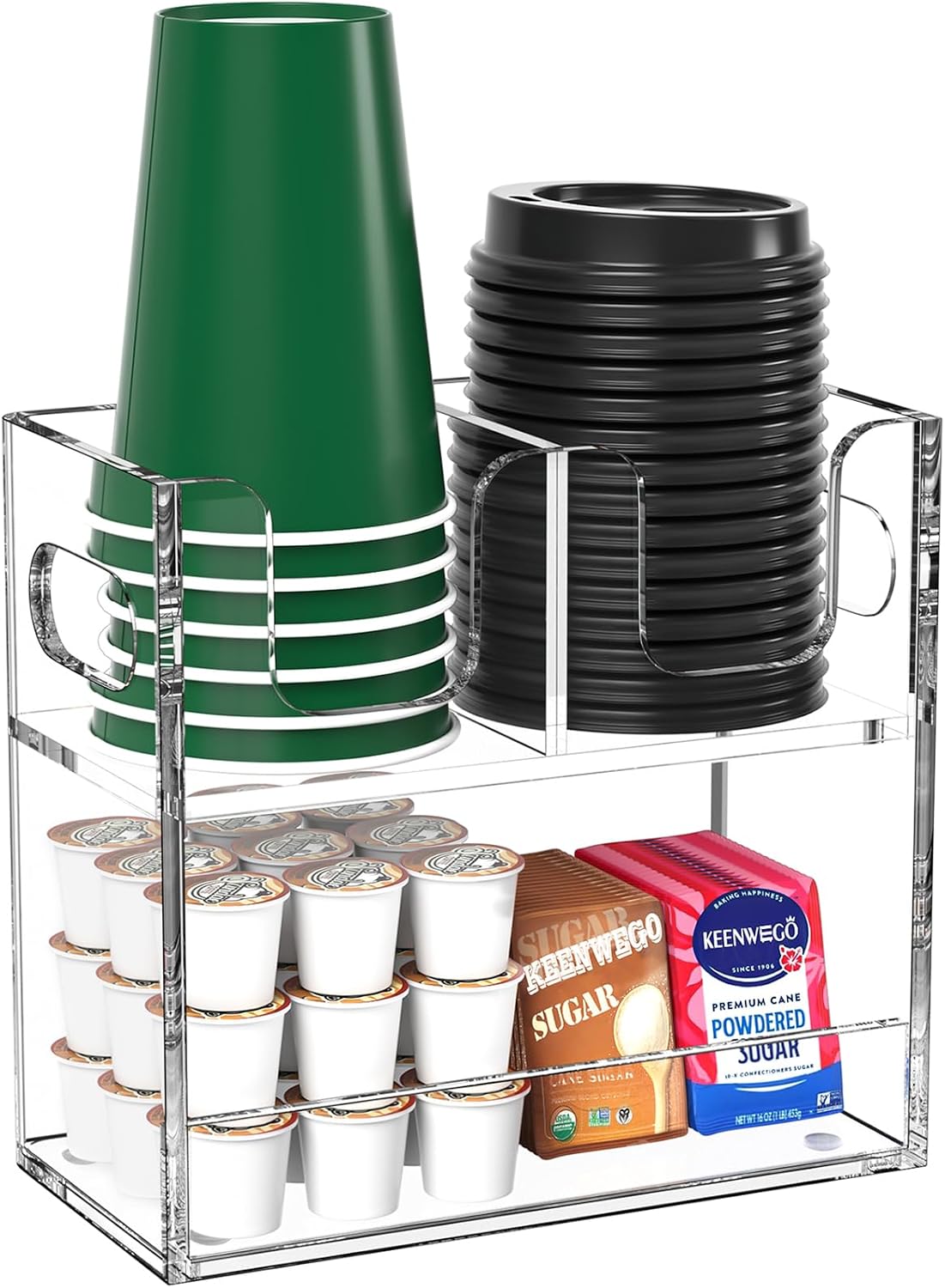 Disposable Coffee Cup Dispenser with Handles, 2-Tier 4 Compartments Clear Acrylic Paper Cup and Lid Storage Organizer for Coffee Bar Kitchen Accessories Restaurant Breakroom Party Supplies