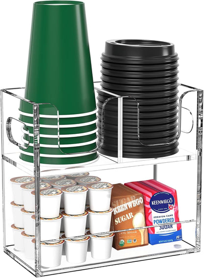 Disposable Coffee Cup Dispenser with Handles, 2-Tier 4 Compartments Clear Acrylic Paper Cup and Lid Storage Organizer for Coffee Bar Kitchen Accessories Restaurant Breakroom Party Supplies