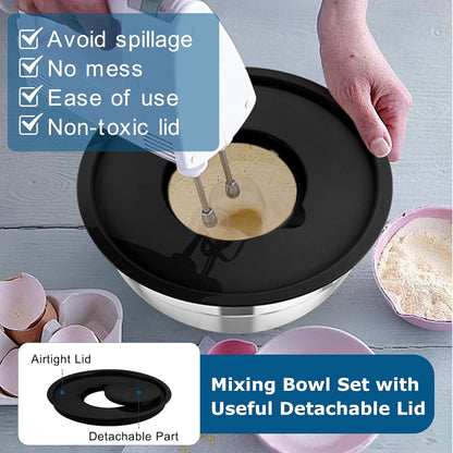 TeamFar Mixing Bowls, 5PCS Stainless Steel Nesting Salad Bowl with Lid & 3 Grater Attachments, for Prepping/Serving/Storing Food, Nontoxic, Airtight Lid & Non-slip Bottom - 4.6/3.5/2.5/1.5/1 QT