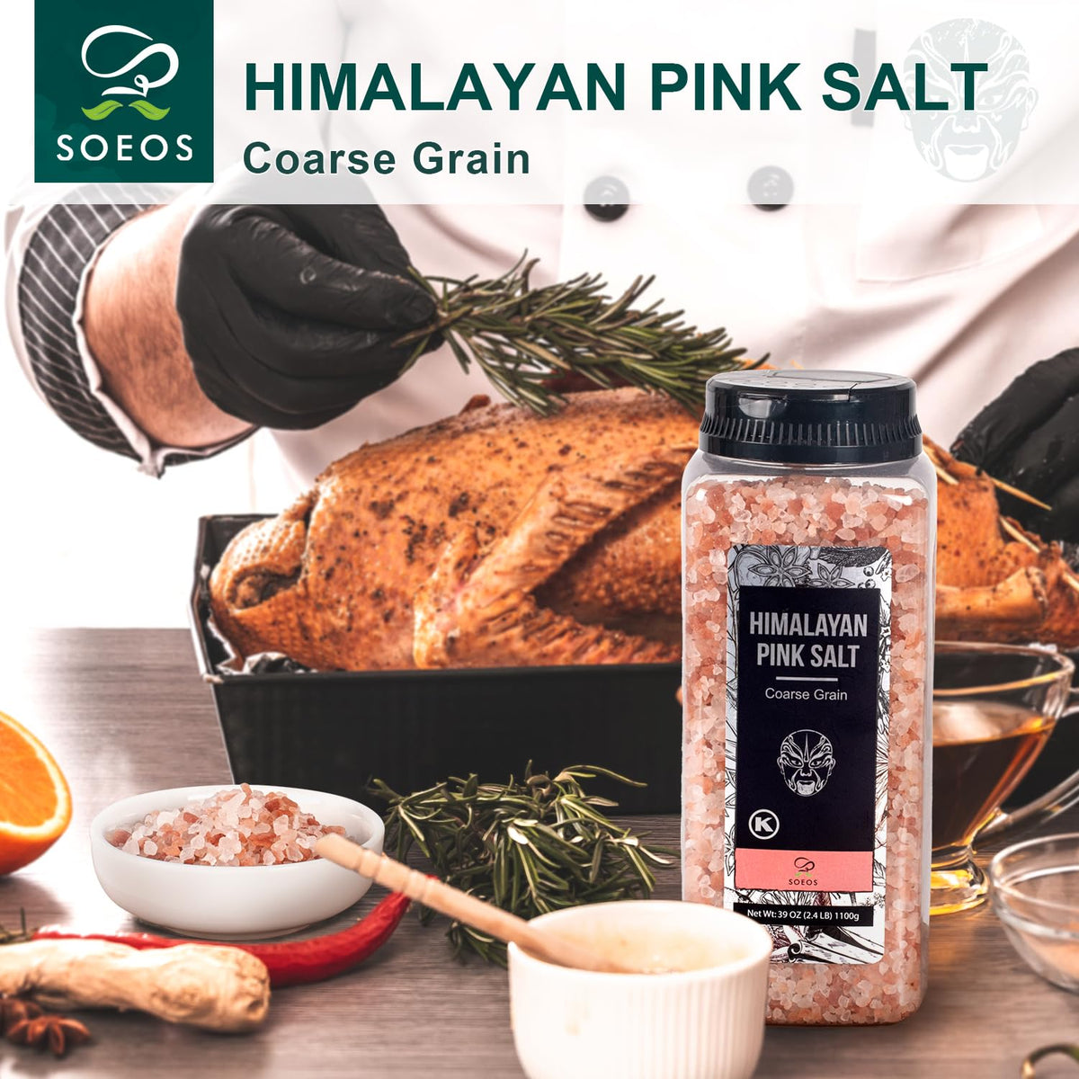 Soeos Himalayan Pink Salt, Coarse Grain, 39 oz (2.4 lb), Bottled