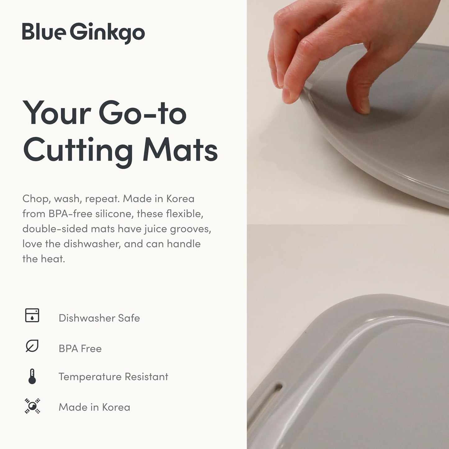 Blue Ginkgo Silicone Cutting Boards – Set of 3 (Small, Medium, Large) – Double-Sided, Thick, Flexible, Non-Slip, BPA Free – Juice Grooves, Dishwasher Safe (Made in Korea, Grey)