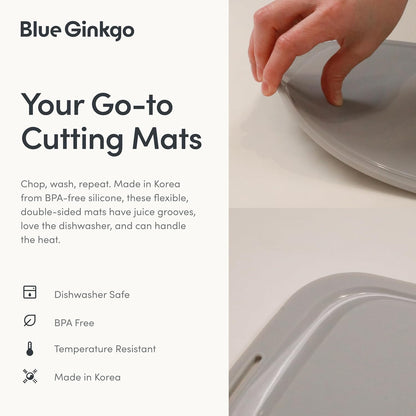 Blue Ginkgo Silicone Cutting Boards – Set of 3 (Small, Medium, Large) – Double-Sided, Thick, Flexible, Non-Slip, BPA Free – Juice Grooves, Dishwasher Safe (Made in Korea, Grey)