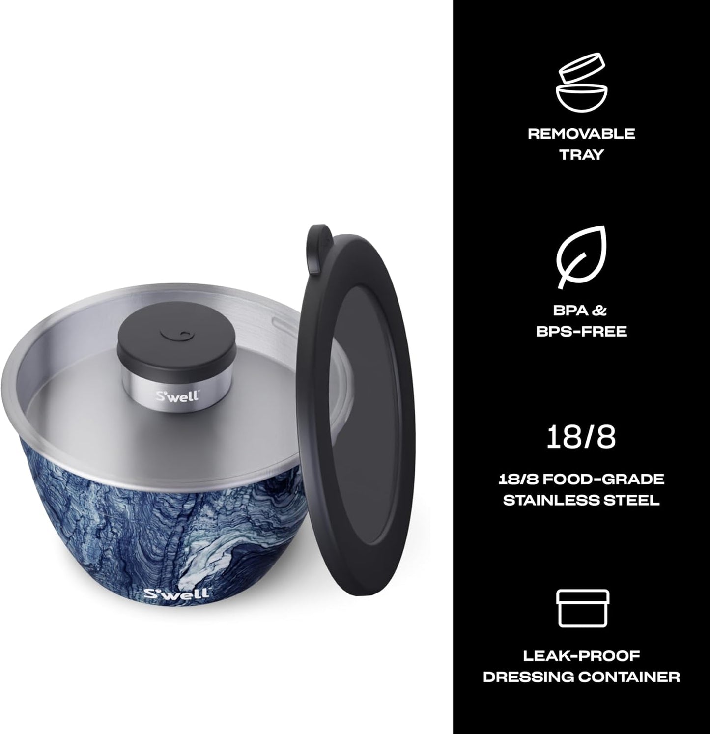 S'well Stainless Steel Salad Bowl Kit 64oz, Peacock Blue, Comes with 2oz Mini Canister and Removable Tray for Organization, Leakproof, Easy to Clean, Dishwasher Safe