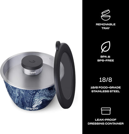S'well Stainless Steel Salad Bowl Kit 64oz, Peacock Blue, Comes with 2oz Mini Canister and Removable Tray for Organization, Leakproof, Easy to Clean, Dishwasher Safe