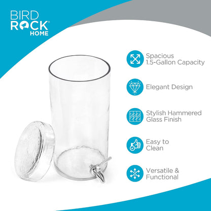 BIRDROCK HOME Beverage Dispenser with Stand & Stainless Steel Spigot - Hammered Glass Drink Dispenser for Parties Home & Events - Ideal for Serving Tea, Lemonade, Juice, Sangria, Cocktail - 1.5 Gallon