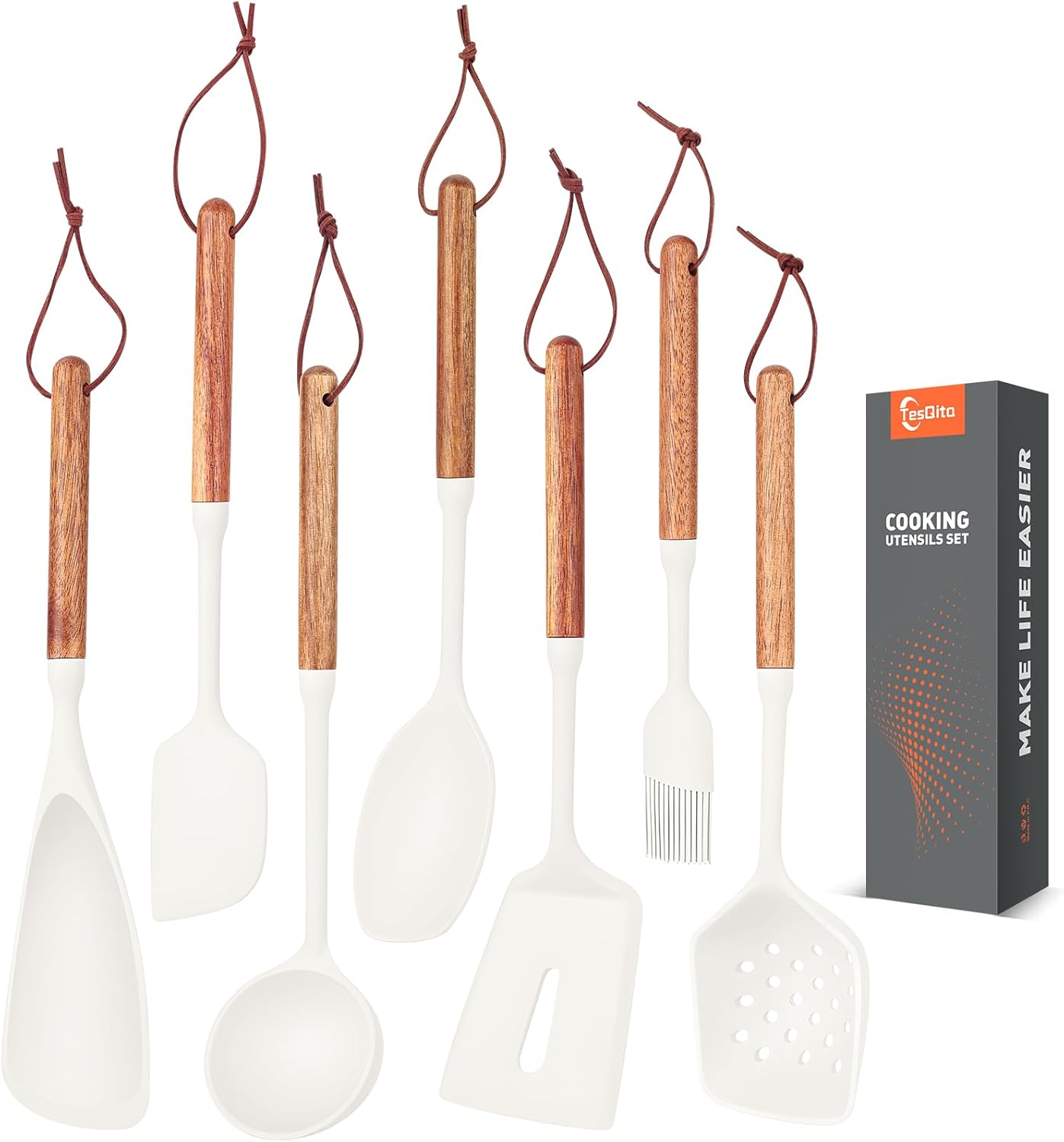 Silicone Cooking Utensils Set of 7 Pack, Wood Handle Heat-Resistant Kitchen Utensils, Non-Stick Cookware Safe - Include Spatula, Spoon, Ladle, Bowl Scraper, Basting Brush for Cooking, Baking, BBQ