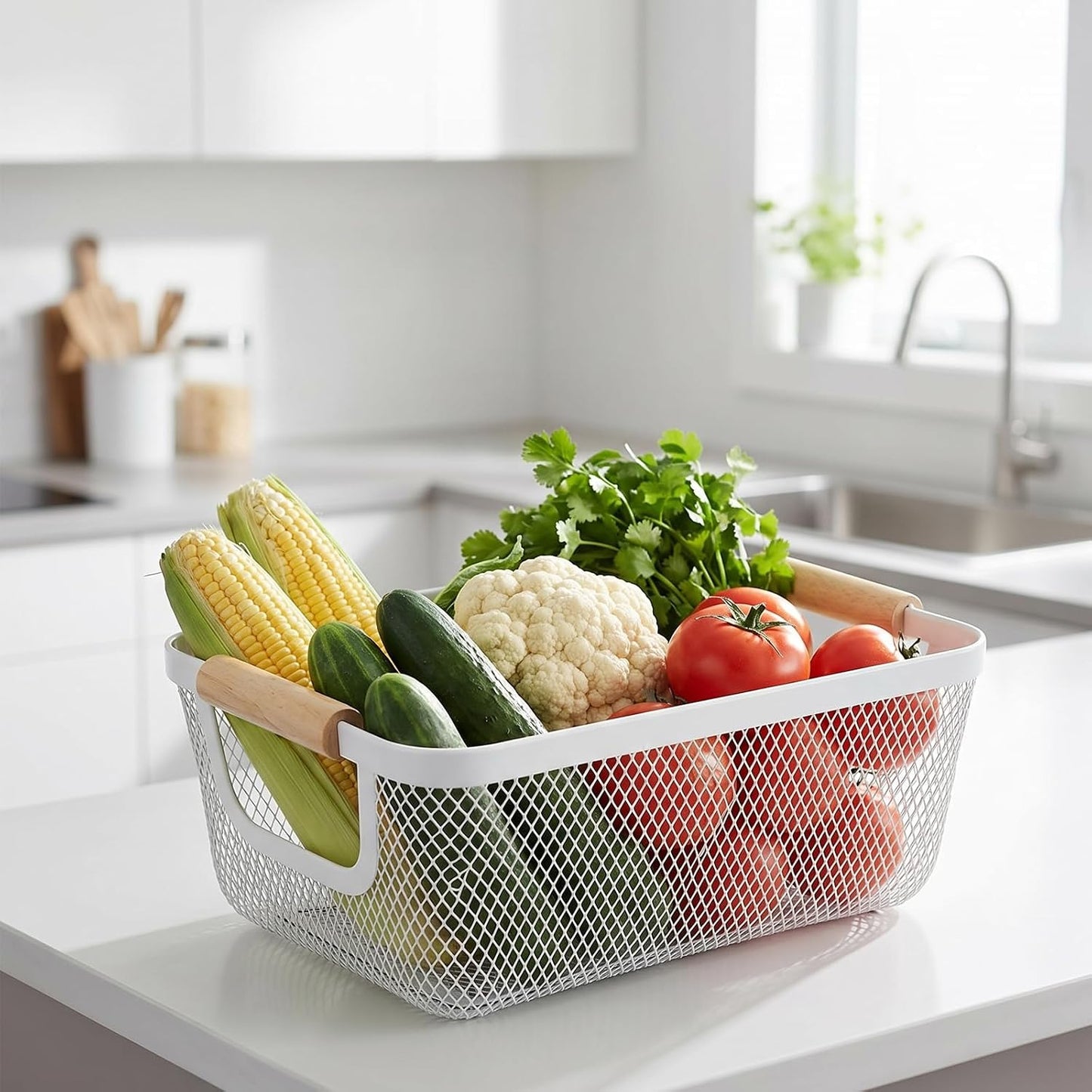 6 Pcs Metal Wire Basket with Wooden Handles, Mesh Steel Storage Organizer Bins for Home Office Kitchen Pantry Closet Fridge Organization, Small Size Cream White