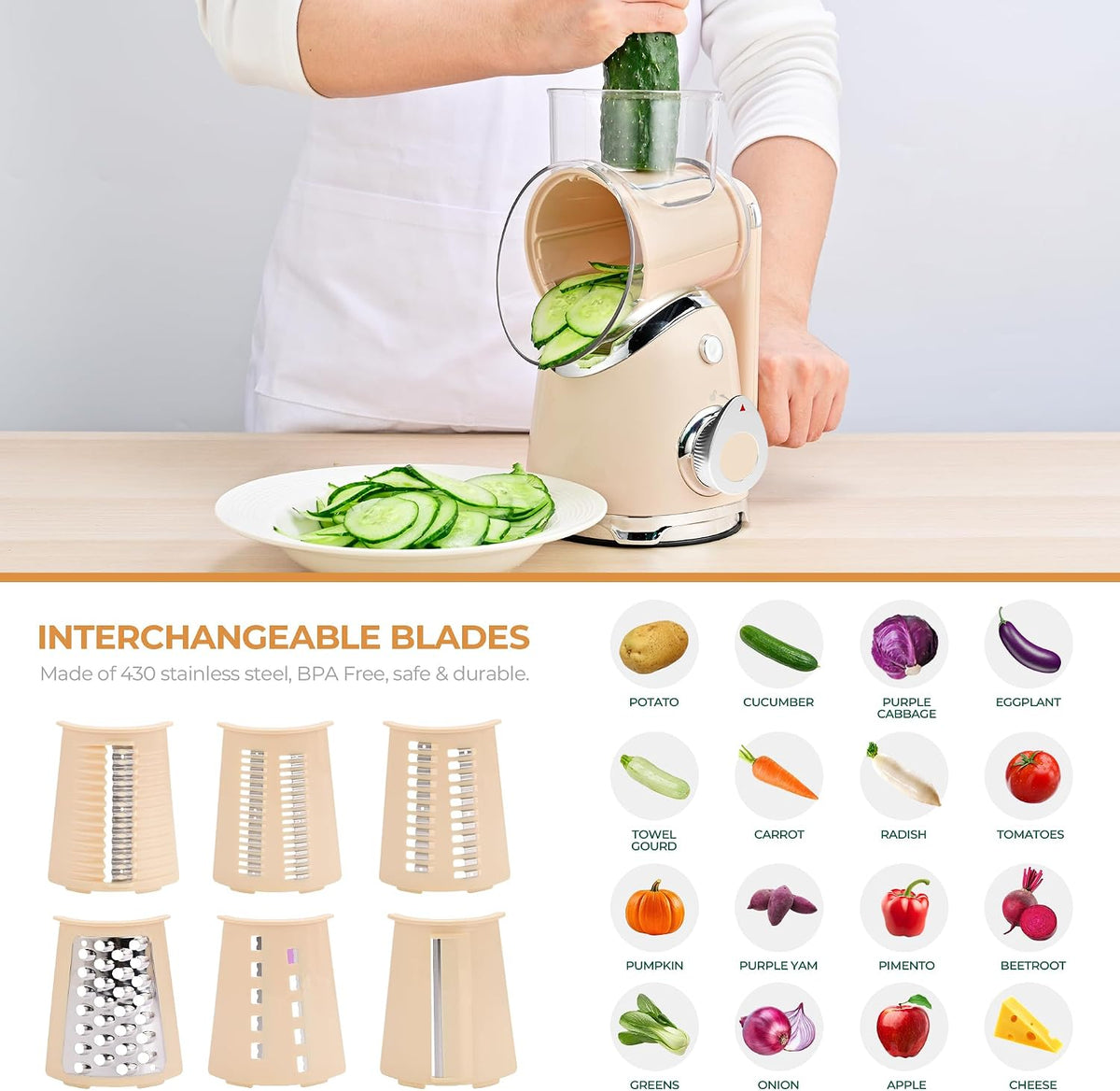SUSTEAS Rotary Cheese Grater Hand Crank, Kitchen Shredder Vegetable Slicer