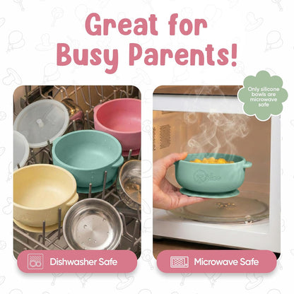 o'doe Suction Bowls for Baby - Non-Toxic Stainless Steel Baby Bowls 5" with Non-Slip Removable Silicone Shell - BPA-Free Toddler Bowls (Green + Rose + Beige)