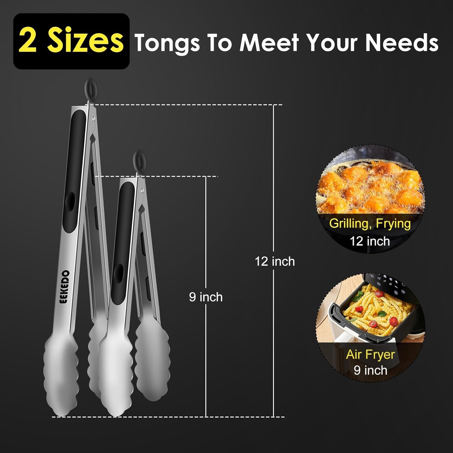Stainless Steel Tongs for Cooking, Heat Resistant 600 Degrees Metal Kitchen Tongs with Silicone Grip, Locking Tongs for BBQ, Grilling, Serving, Salad, Dishwasher, Set of 2(9" and 12")