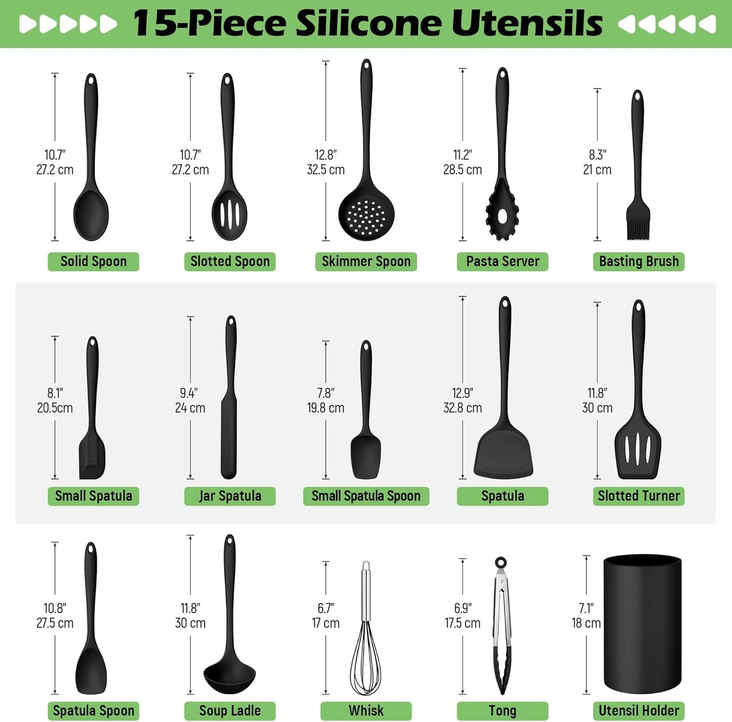 Homikit Silicone Cooking Utensil Set, 15pcs Kitchen Utensils with Holder for Nonstick Cookware, Heat Resistant Nontoxic Silicone Spatula Set Dishwasher Safe Kitchen Tools for Baking-Black