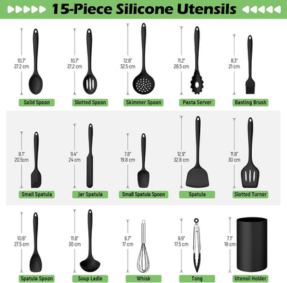 Homikit Silicone Cooking Utensil Set, 15pcs Kitchen Utensils with Holder for Nonstick Cookware, Heat Resistant Nontoxic Silicone Spatula Set Dishwasher Safe Kitchen Tools for Baking-Black