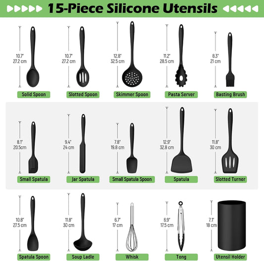Homikit Silicone Cooking Utensil Set, 15pcs Kitchen Utensils with Holder for Nonstick Cookware, Heat Resistant Nontoxic Silicone Spatula Set Dishwasher Safe Kitchen Tools for Baking-Black