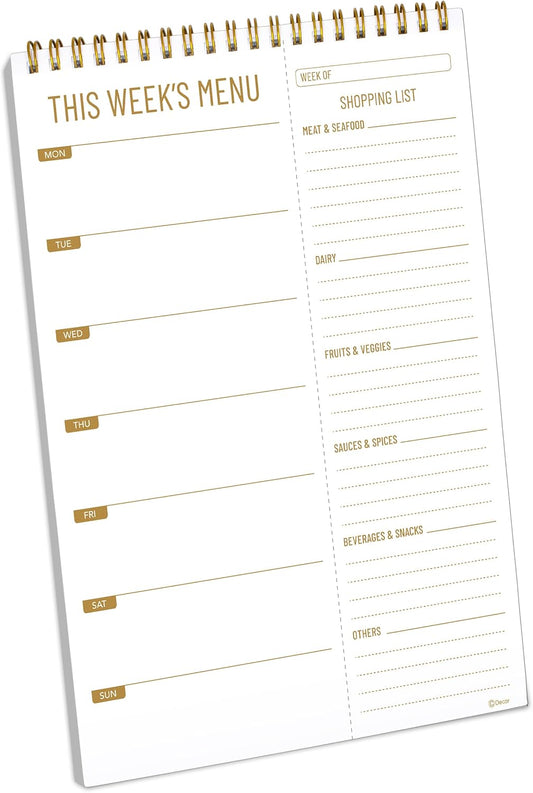 Decorably 52 Sheets Minimalist Undated Magnetic Weekly Meal Planner and Grocery List with 4 Strong Magnets, 7x10in Spring-Bound Refrigerator Mountable, Easy Tear-Off Design