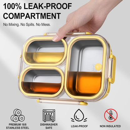 KTKUDY Stainless Steel Bento Box for Kids & Adults - 25 oz - Leakproof 3 Compartment Metal Lunch Container - 18/8 Stainless Steel Lunch Box Kids - Ideal for School, Office & Outdoor (Cream)