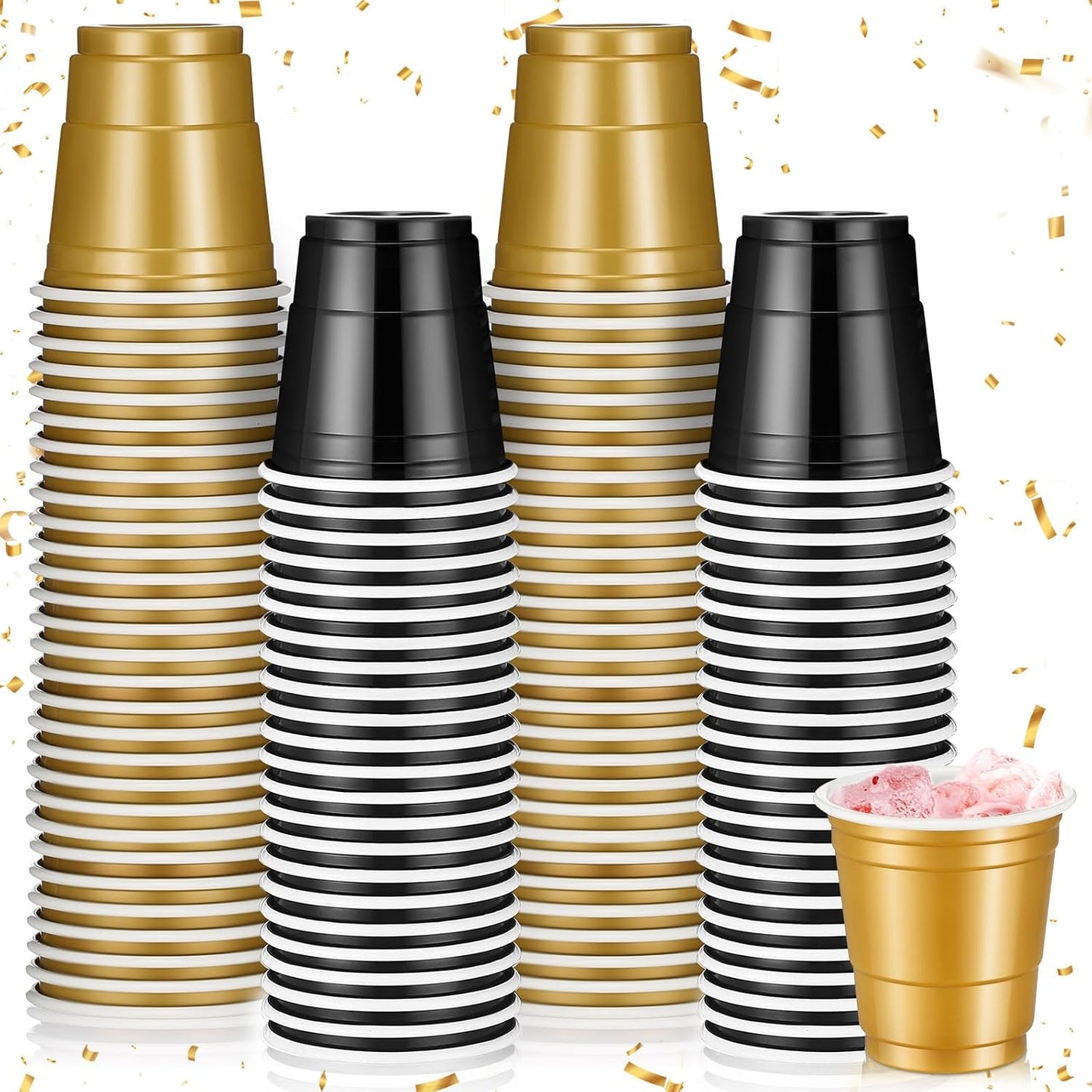 Roshtia 100 Pack 2 oz Plastic Shot Cups, Mini Disposable Shot Glasses 2 oz Wedding Party Cups for Bridal Shower Wedding Party, Beer Taste Serving, Snacks(Black, Gold)