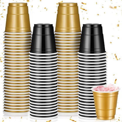 Roshtia 100 Pack 2 oz Plastic Shot Cups, Mini Disposable Shot Glasses 2 oz Wedding Party Cups for Bridal Shower Wedding Party, Beer Taste Serving, Snacks(Black, Gold)