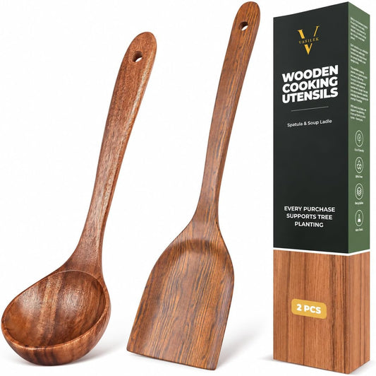 Wooden Cooking Utensils Set – Acacia Wood Spatula & Soup Ladle, 2-Piece Kitchen Tools for Cooking, Mixing & Serving, Non-Toxic, Heat Resistant, No Scratch for Nonstick Cookware, Long Handle