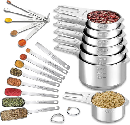 35PCS Stainless Steel Measuring Cups and Spoons Set, 7 Nesting Measuring Cups, Round & Rectangular Spoons with Clear Engraved Markings, 2-Pack Mini Spoon Sets with Leveler for Precise Cooking & Baking