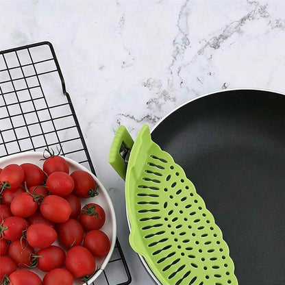 Blue Silicone Clip On Strainer, Universal Pot Colander for Draining Pasta, Vegetables and Kitchen Cooking