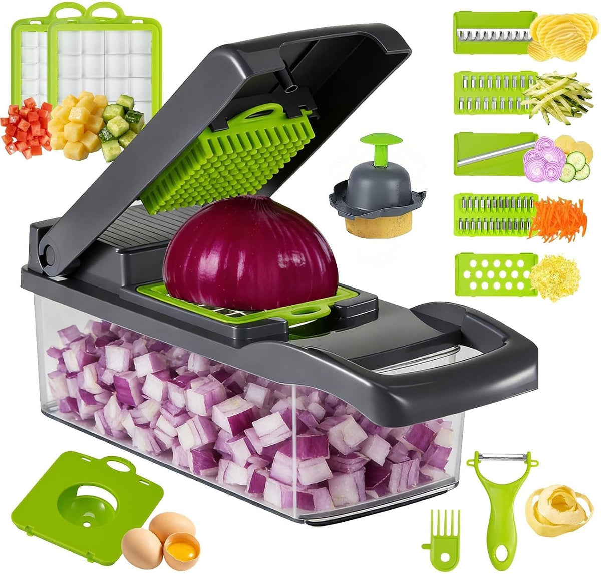 Vegetable Chopper with Container 16-in-1, 7 Blades Food Dicer Veggie Slicer | Onion, Tomato, Salad, Slap, Fruit Cutter with Sharp Stainless Steel Blades, All-in-One Kitchen Prep Tool