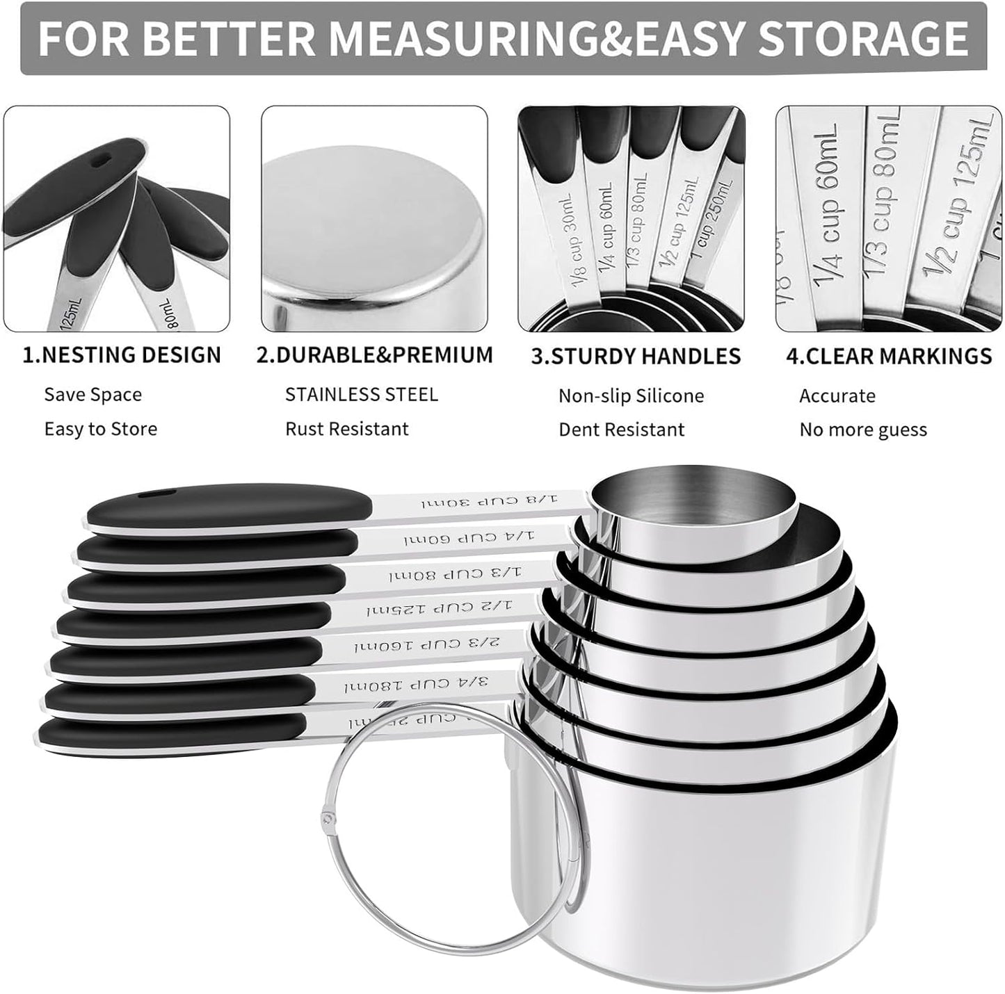 TILUCK Stainless Steel Measuring Cups and Spoons Set with Silicone Handle – Nesting Design for Space-Saving, Heavy Duty & Dishwasher Safe for Dry/Liquid Ingredients, Cooking & Baking (10)