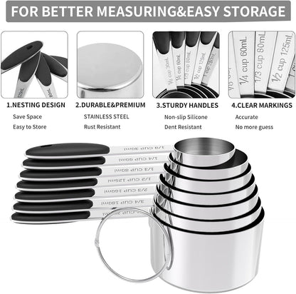 TILUCK Stainless Steel Measuring Cups and Spoons Set with Silicone Handle – Nesting Design for Space-Saving, Heavy Duty & Dishwasher Safe for Dry/Liquid Ingredients, Cooking & Baking (10)