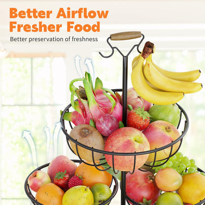 PouHenier.jh 3 Tier Rotating Fruit Basket Bowl, Kitchen Counter Wire Produce Organizer Holder, Stable Vegetable Storage Stand with 2 Banana Hangers, Countertop Tiered Veggie Rack, Easy Setup, Black