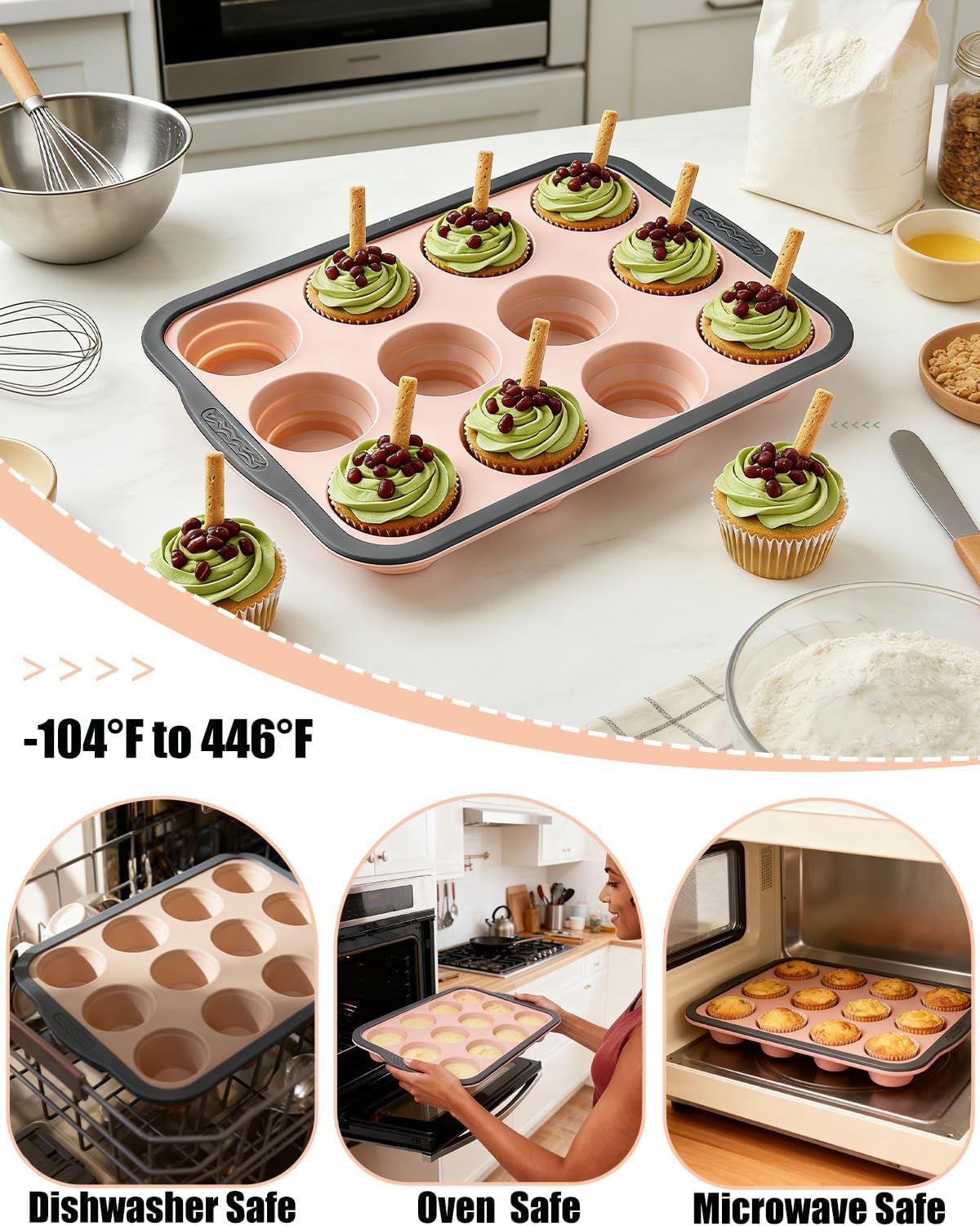 Silicone Muffin Pan for Baking with Metal Frame， Nonstick Cupcake Pan, 6 Cup Baking Pan for Cupcake, Tarts, Egg Bites(6 Cup Pink)