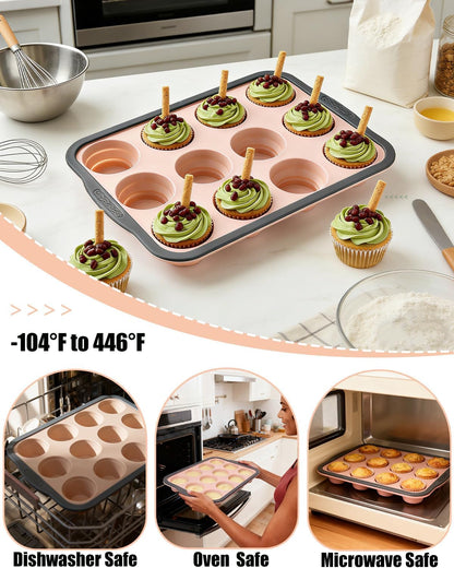 Silicone Muffin Pan for Baking with Metal Frame， Nonstick Cupcake Pan, 6 Cup Baking Pan for Cupcake, Tarts, Egg Bites(6 Cup Pink)