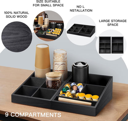 MINCORD Coffee Station Organizer Coffee Condiment Service Tray with 9 Compartment for Counter, Wood Coffee Bar Supplies Organizer for Home Office Breakroom Two-in-One Black