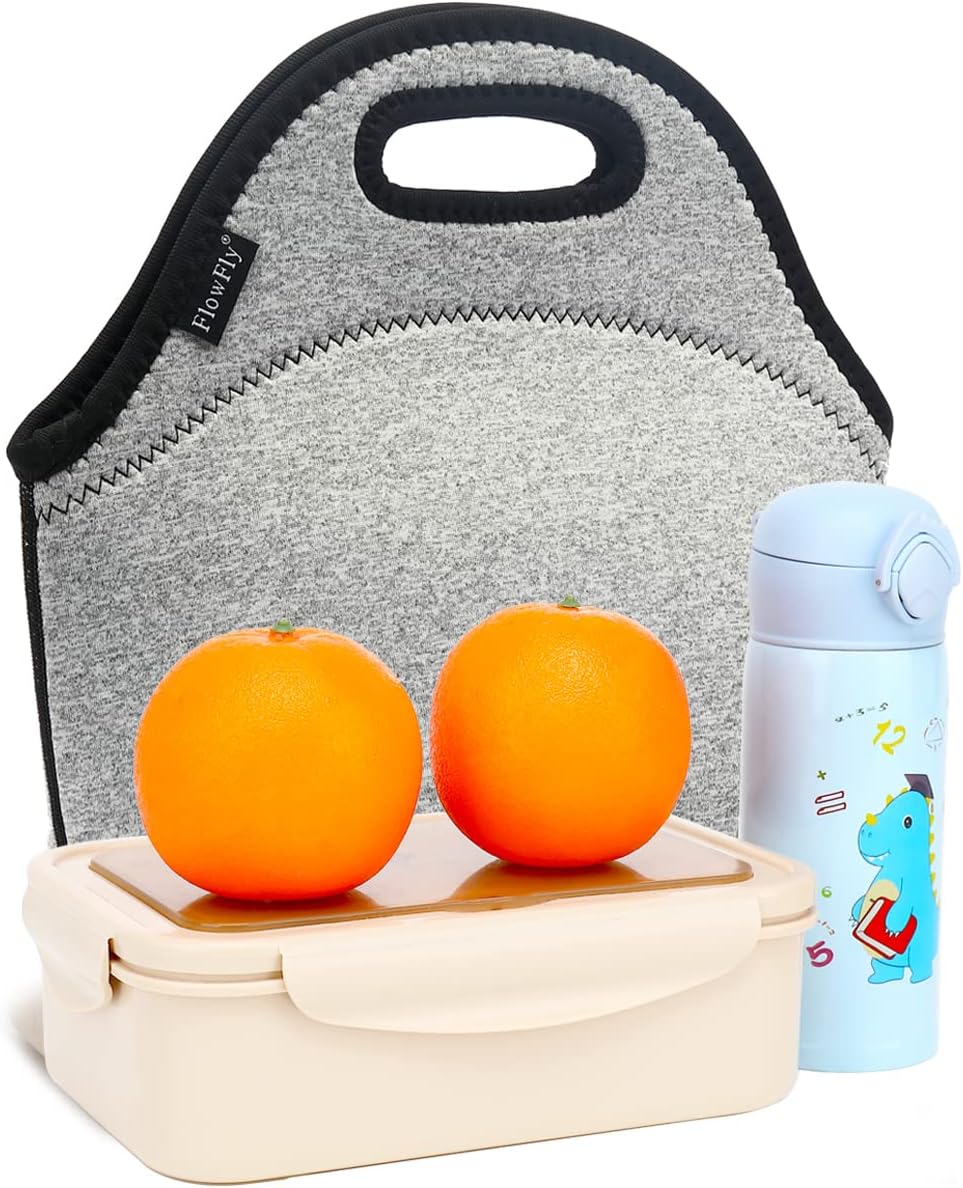 FlowFly Neoprene kids Lunch box Insulated Soft Bag Mini Cooler Thermal Meal Tote Kit for Boys, Girls,Men,Women,School,Work, Office,Black