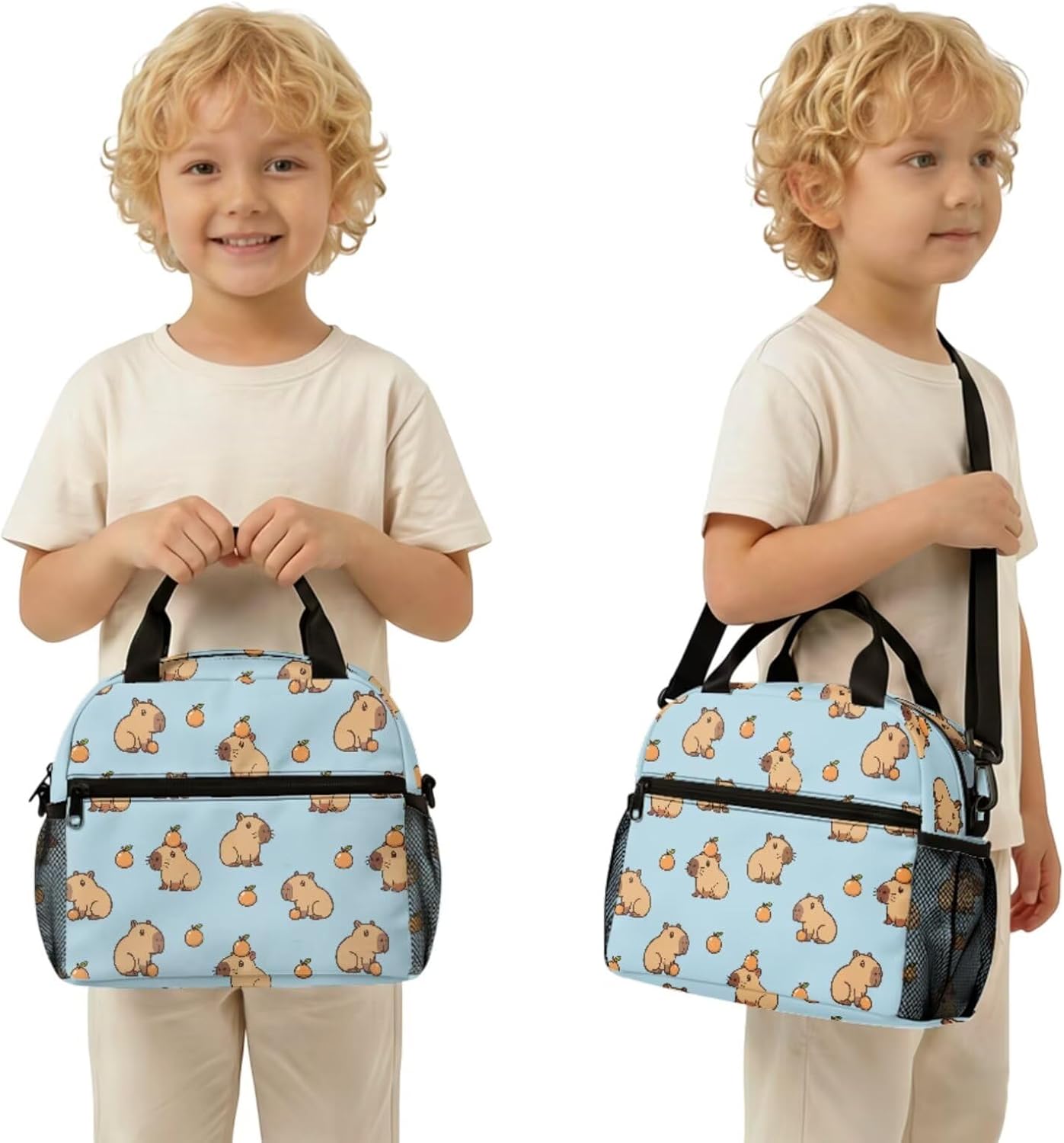 Cute Capybara Pizza Backpack for Girls, 5 Pcs Boys School Bag Set for Kids, 17 Inch Backpacks Lunch Pencil Box Reusable Utensils Case Set for Middle Elementary School, 3rd Grade Backpack