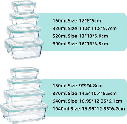 8-piece glass food storage container, glass pre meal preparation container, with sealing cover, suitable for use in microwave ovens, ovens, refrigerators, and dishwashers