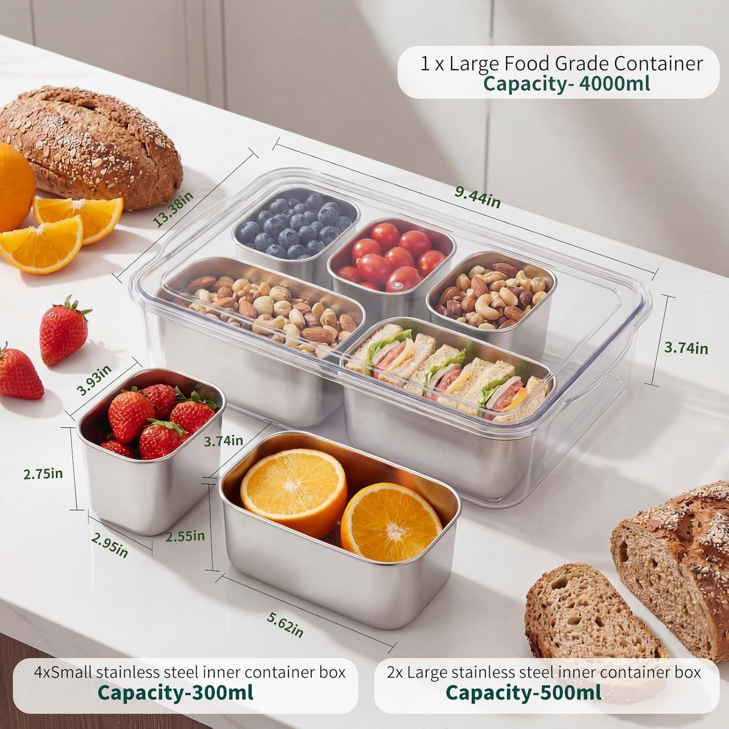 6-Compartment 304 Stainless Steel Snackle Box with Lid & Handle, Divided Serving Tray for Fruit, Veggie, Candy, Nuts – Portable Snack Container for Travel, Picnic, Beach, Party