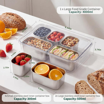 6-Compartment 304 Stainless Steel Snackle Box with Lid & Handle, Divided Serving Tray for Fruit, Veggie, Candy, Nuts – Portable Snack Container for Travel, Picnic, Beach, Party