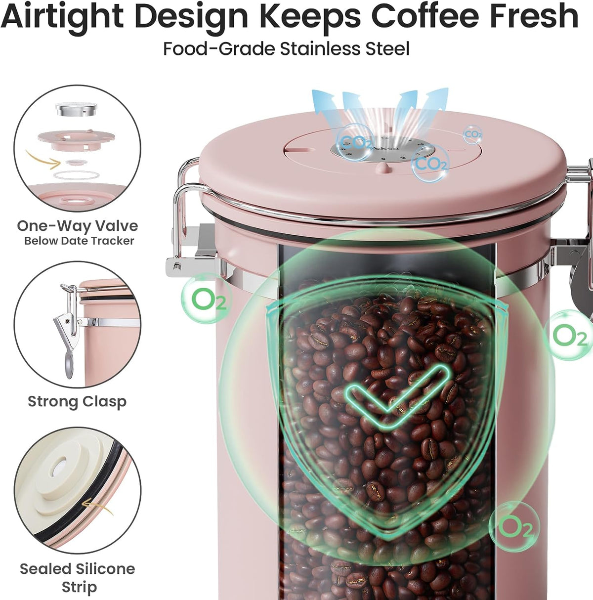 Veken Coffee Canister with Window, Family Choice Awards Winner, Airtight Stainless Steel Home Kitchen Food Storage Container with Lids for Grounds, Beans, Tea, Flour,Cereal,Sugar Jars,Scoop,16OZ,Black