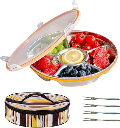 Divided Serving Tray with Lid, Veggie Tray with Lid Stainless Steel 6 Compartments Vegetable and 4 Forks Set for Party Platter, Vegetable Relish Fruit Tray, Snackle Box