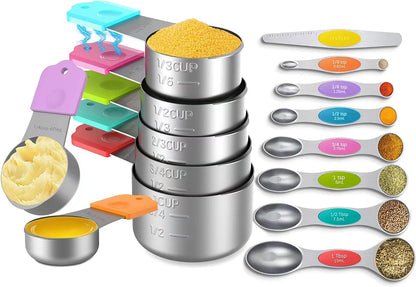 Magnetic Measuring Cups and Spoons Set, 5 Nesting Stainless Steel Measuring Cup Set with Easy to Read Markings, 7 Magnetic Measuring Spoons & 1 Leveler for Measuring Dry or Liquid Ingredients