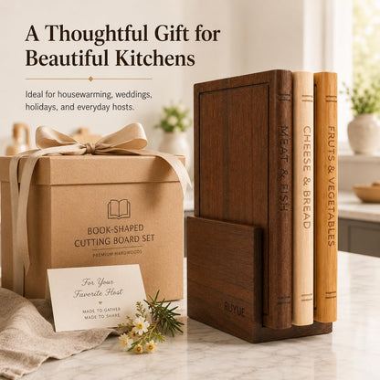 Book Shaped Cutting Board Set with Walnut Stand, 3 PCS Wooden Cutting Boards (13"x10"), Maple Sapele & Bamboo Charcuterie Serving Boards, Decorative Kitchen Decor Gift for Housewarming (1Set)