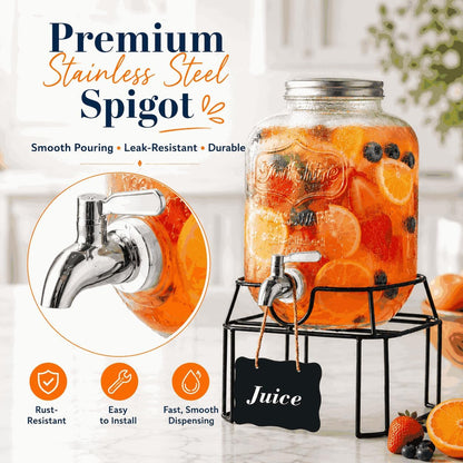 2-Pack 1-Gallon Glass Drink Dispensers with Heavy-Duty Wire Stand - 304 Stainless Steel Spigot & Mixing Spoon - 100% Leakproof Mason Jar Beverage Dispenser for Parties, Fridge, Kombucha - Wide Mouth