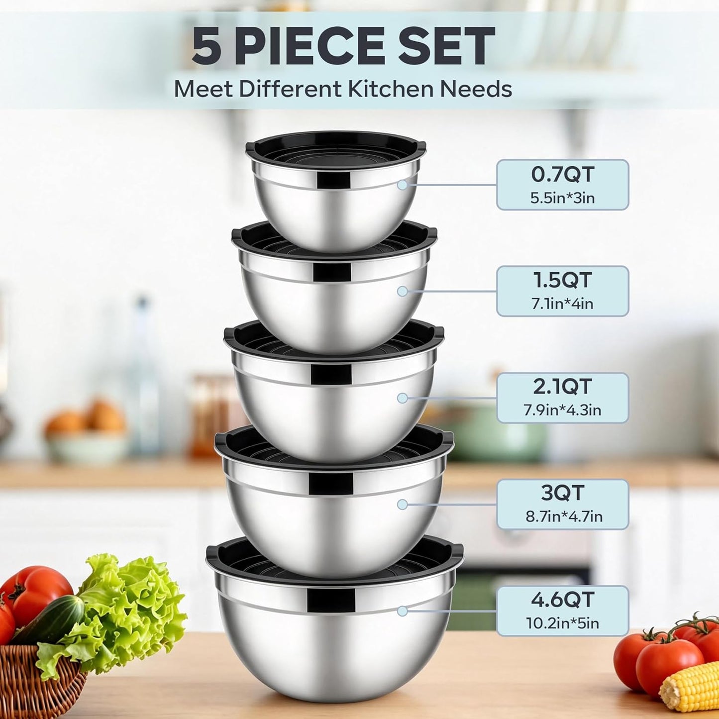 E-far Mixing Bowls With Lids Sets of 5, 10-Piece Stainless Steel Salad Metal Nesting Bowl for Baking Cooking and Prepping, Airtight Lid & Stackable Design, Size 4.6, 3, 2.1, 1.5, 0.7 QT, Black