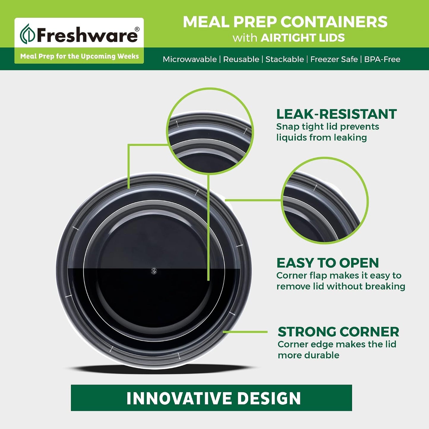 Freshware Meal Prep Containers [15 Pack] 2 Compartment with Lids, Food Storage Containers, Bento Box, BPA Free, Stackable, Microwave/Dishwasher/Freezer Safe (28 oz), Black