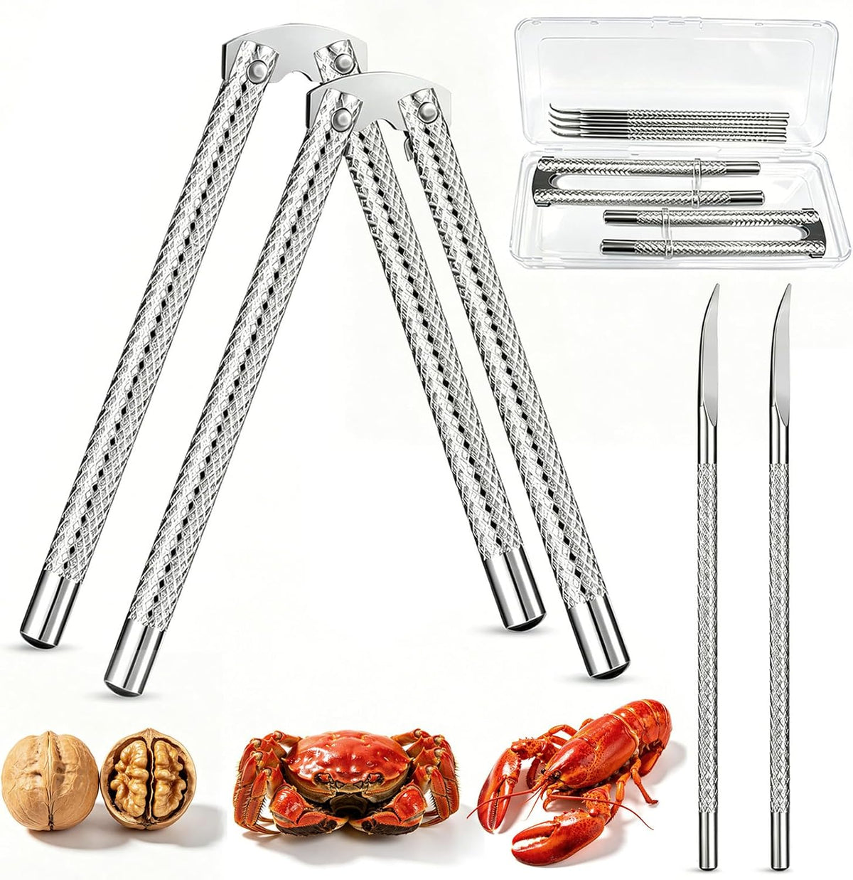 Nut Cracker 2Pcs and 4 Picks Set, Stainless Steel Nutcracker Tool for Walnut and Seafood Crackers