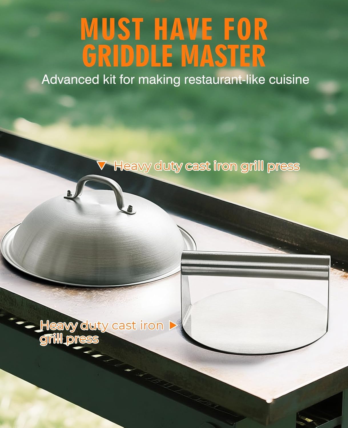 HOMENOTE Griddle Accessories for Blackstone, Commercial Grade 12 Inch Heavy Duty Melting Dome with Round Cast Iron Smash Burger Press Perfect for Flat Top Hibachi Grill Outdoor Indoor