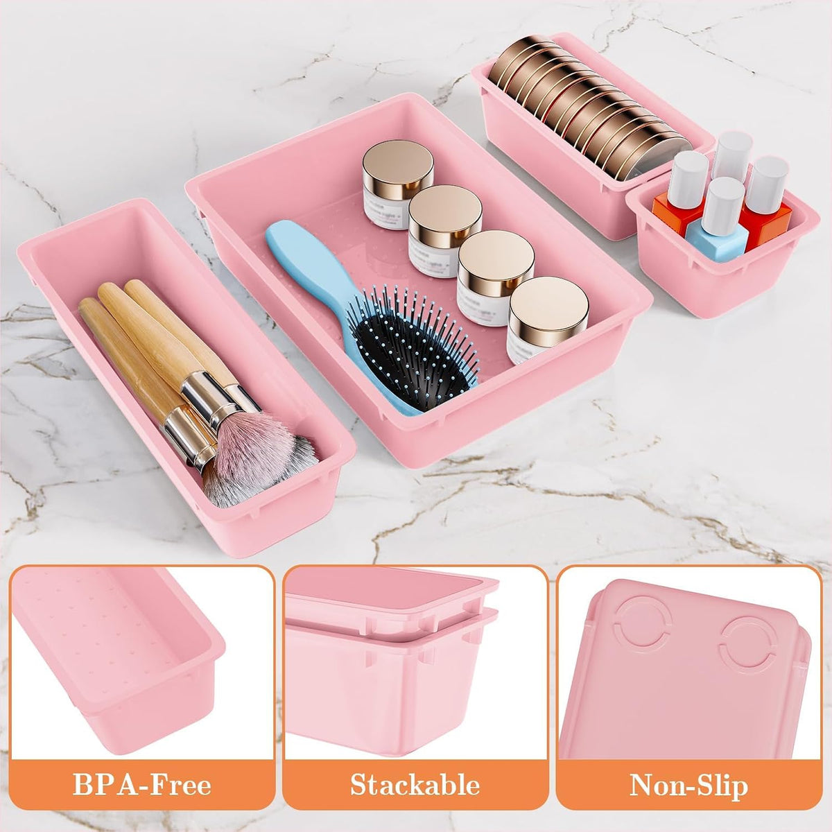 SpaceHacks 25 PCS Plastic Drawer Organizer Set, 4-Size Versatile Organizer Tool Trays & storage Bins for Makeup, Jewelry, and Gadgets in Bathroom, Bedroom and Office,Clear Black